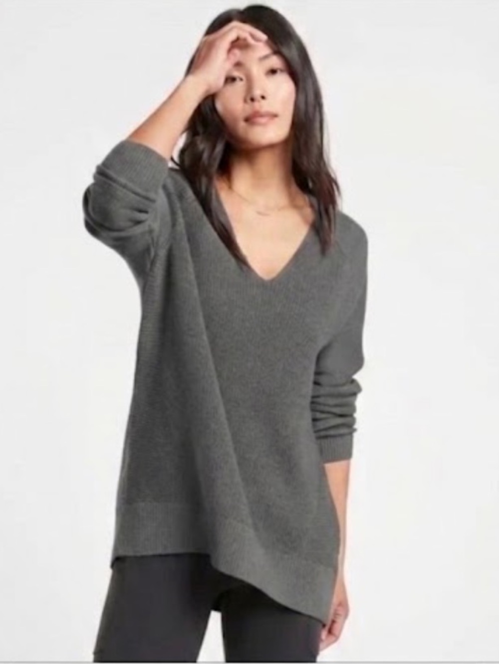 90s Athleta Charcoal Wool Blend Knit Sweater Oversized V-Neck Slouchy Tunic Top